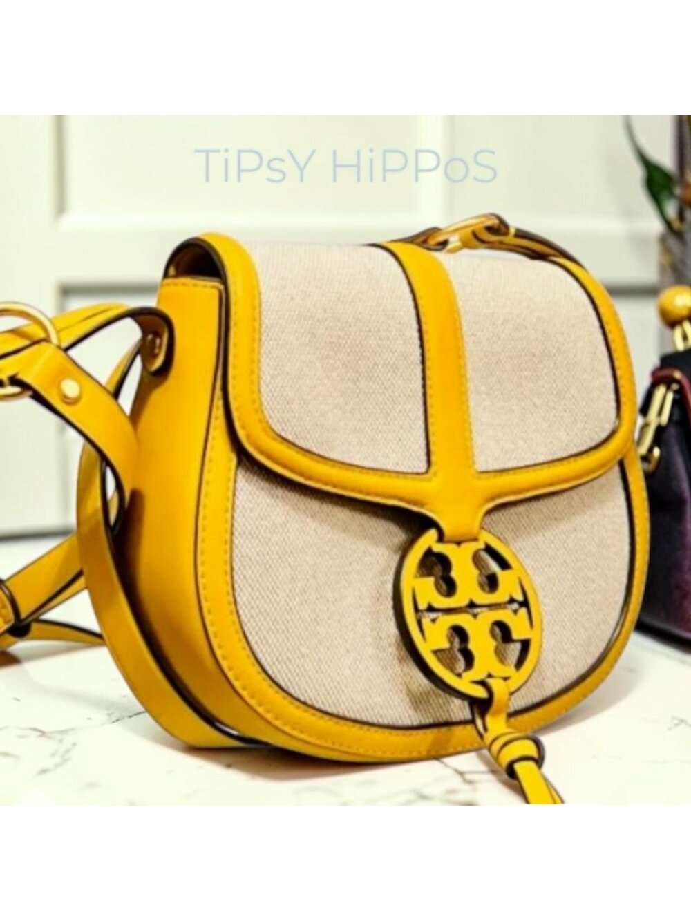 Tory Burch Miller Canvas & Leather Saddle Bag Yellow/Natural Crossbody - Picture 6 of 10